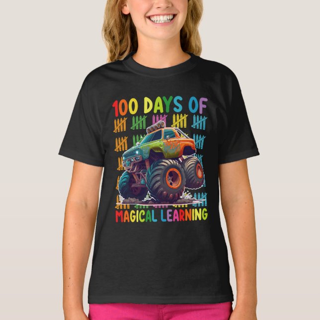 100 dagars Magic Learning Monster Lastbil School T Shirt (Framsida)