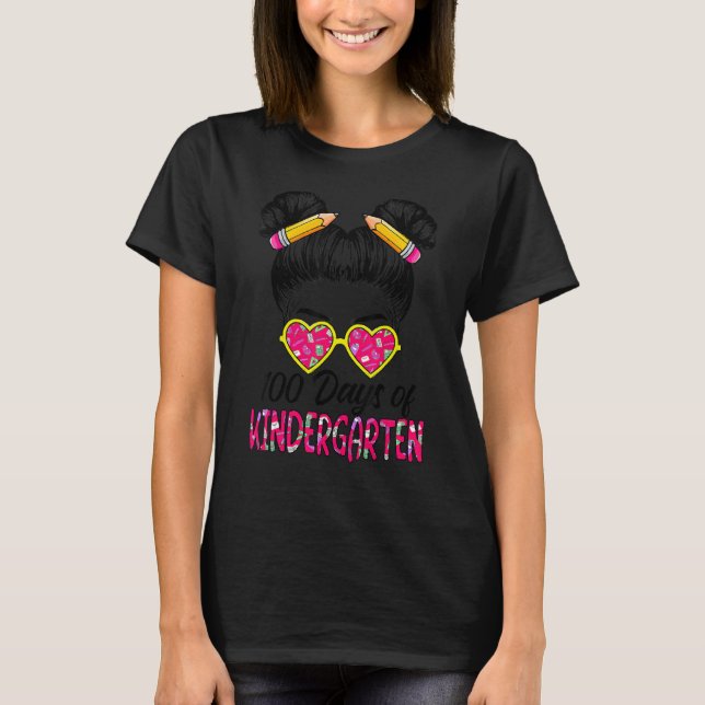 100-dagen för Kindergarten Girls Messy Bun H T Shirt (Framsida)