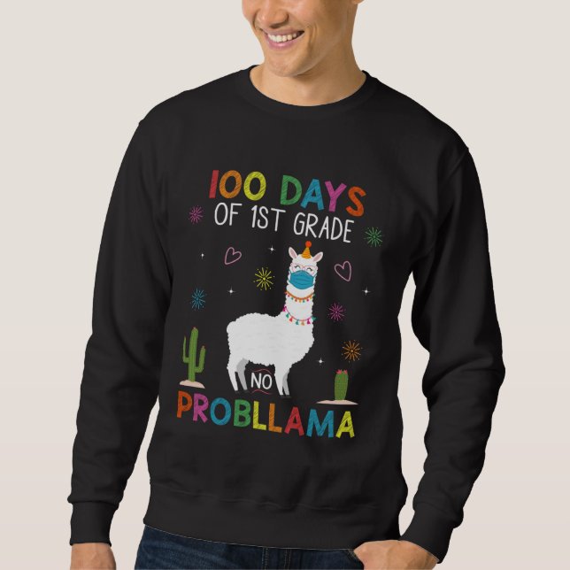 100 Days of 1st Grade No Probllama Llama Mask Quar Lång Ärmad Tröja (Framsida)