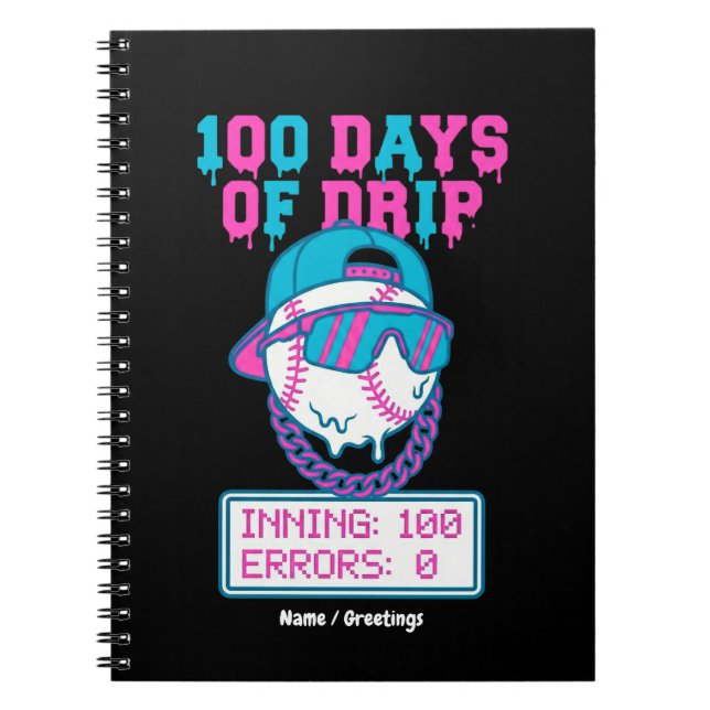 100 Days of Drip 0 Errors Baseball School Swag  Anteckningsbok (Framsidan)