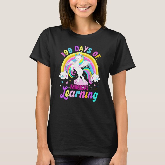 100 Days Of Magical Learning Unicorn Rainbow Stude T Shirt (Framsida)