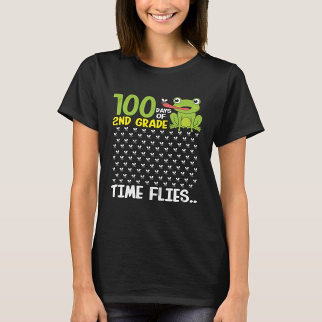 100 Days of School 2nd Grade Frog Time Flies Boys  T Shirt (Framsida)