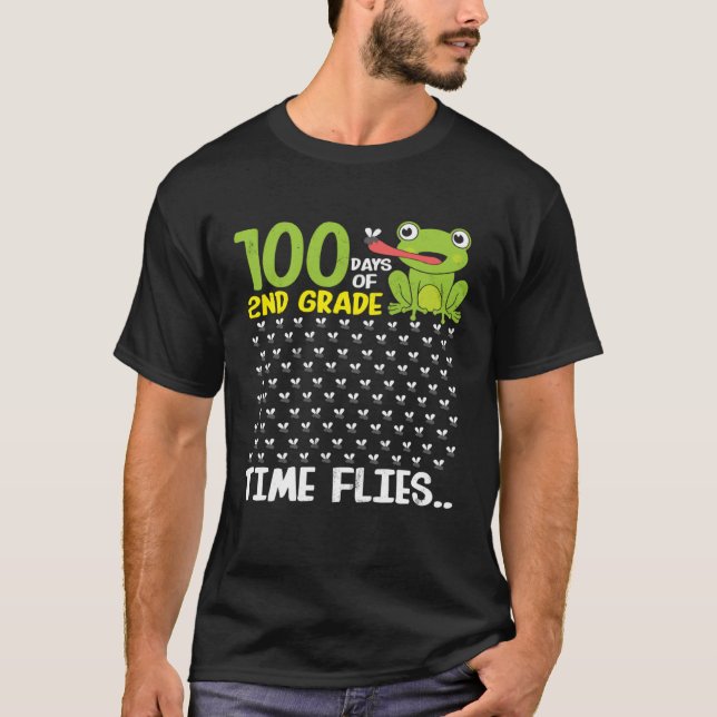 100 Days of School 2nd Grade Frog Time Flies Boys  T Shirt (Framsida)