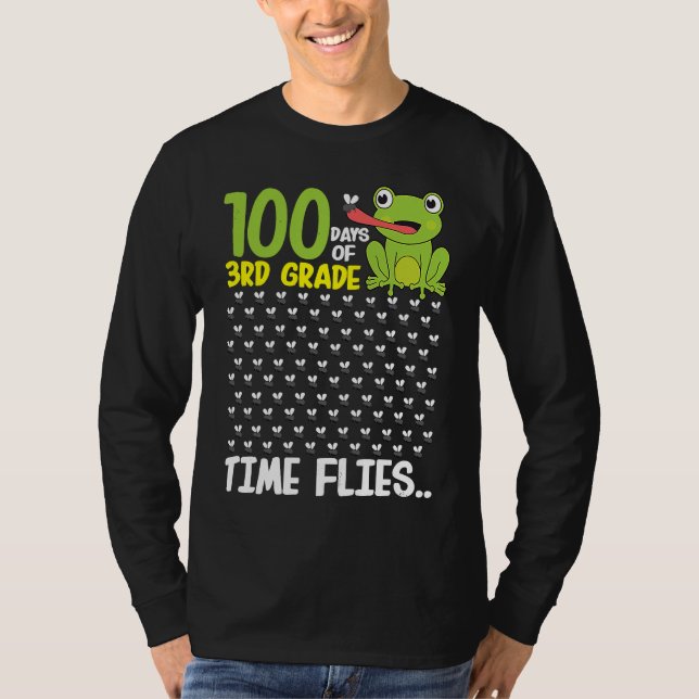 100 Days of School 3rd Grade Frog Time Flies Boys  T Shirt (Framsida)