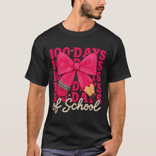 100 Days Of School Crochet Bow Pencil 100th Day Of T Shirt (Framsida)