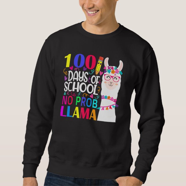 100 Days Of School No Probllama Llama Happy 100th  Lång Ärmad Tröja (Framsida)