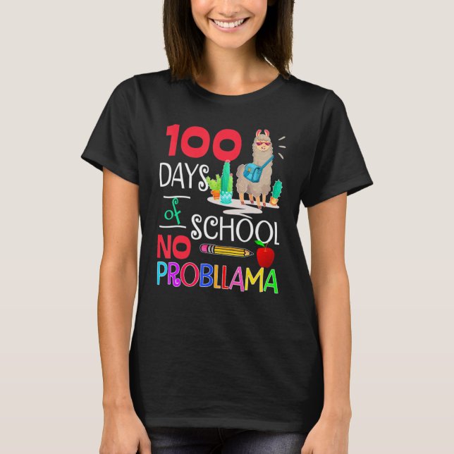 100 Days Of School No Probllama Llama Shirt Llama  T Shirt (Framsida)