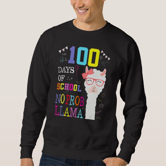 100 Days Of School Shirt No Probllama Llama 100Th  Lång Ärmad Tröja (Framsida)