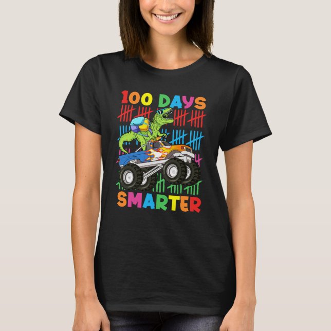 100 Days Smarter Dinosaur Monster Truck 100th Day  T Shirt (Framsida)