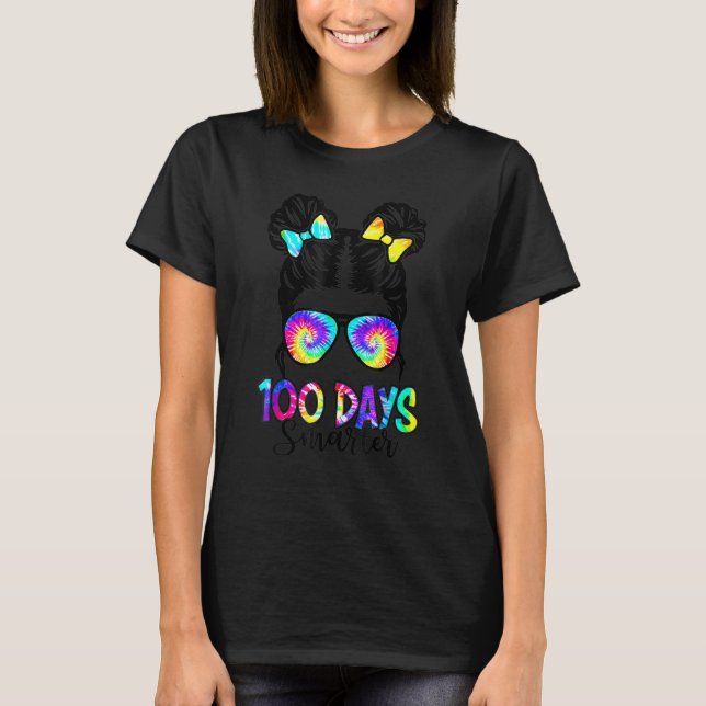 100 Days Smarter Girls Messy Bun Hair 100th Day Of T Shirt (Framsida)