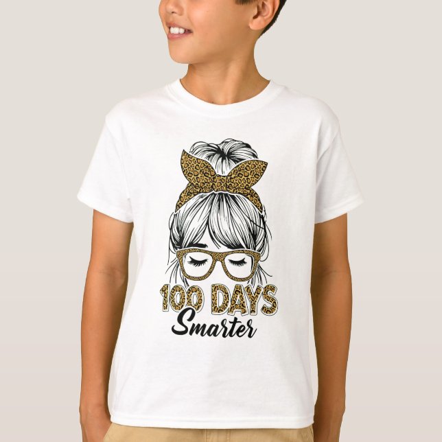 100 Days Smarter Teacher Leopard Print Bow School T Shirt (Framsida)