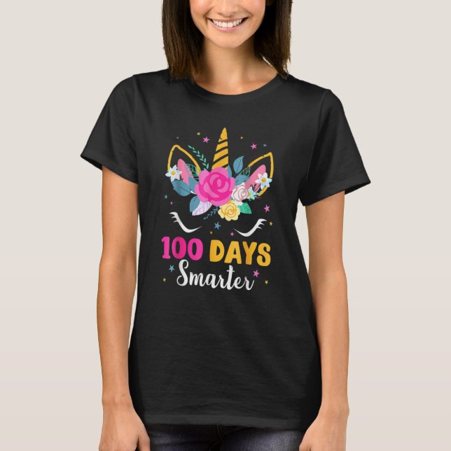 100 Days Smarter  Unicorn 100 Days Of School 100th T Shirt (Framsida)