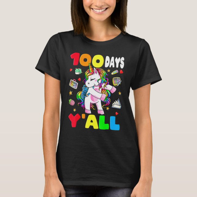 100 Days Y'all Teacher Flossing Unicorn Girls 100t T Shirt (Framsida)