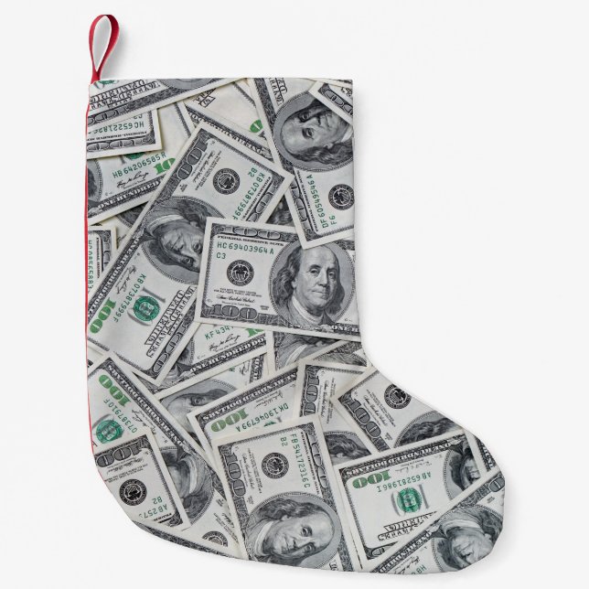 100 dollar i bakgrunden. liten julstrumpa (Framsidan)