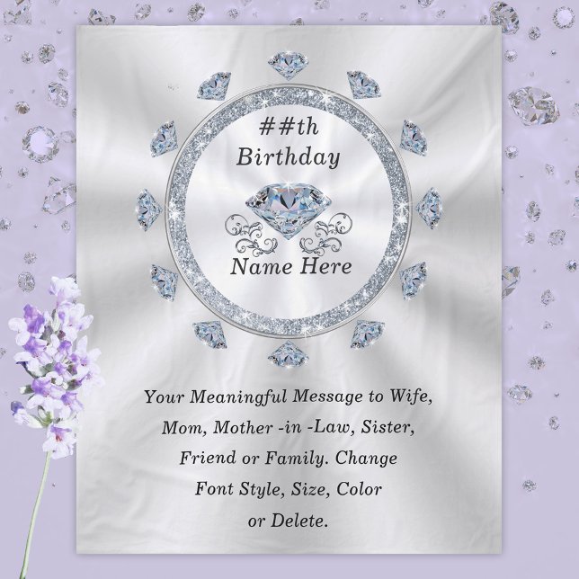 100:e, 75:e, 70:e, 60:e födelsedagen Present for M Fleecefilt (Diamond Birthday Blanket. 60th Birthday Gift Ideas, 75th Birthday Gifts, 100th birthday present. )