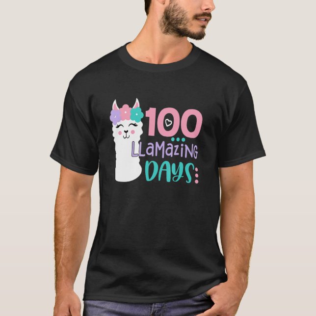 100:e dagen i skolan Färglig lama Glad 100 lama T Shirt (Framsida)