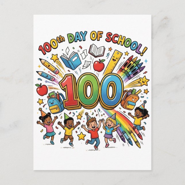 100:e dagen skolans färgglada firande design –  vykort (Framsida)