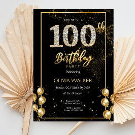 100:e Diamond Black och Guld Birthday Inbjudningar