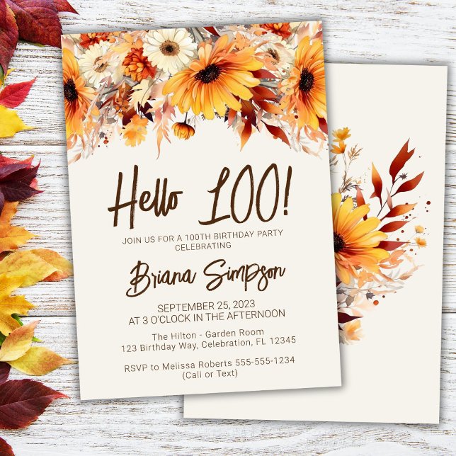 100:e födelsedag Beige Fall Blommigt Inbjudningar (Skapare uppladdad)