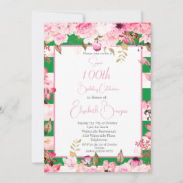 100:e födelsedag Blommigt Ro Grönt Rosa Rand Inbjudningar
