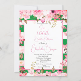100:e födelsedag Blommigt Ro Grönt Rosa Rand Inbjudningar