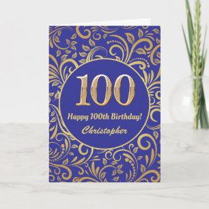 100:e födelsedag Blommönstret Blå och Guld Kort