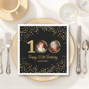 100:e födelsedag Foto Elegant Black Guld Glitter Pappersservett