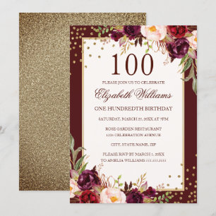 100:e födelsedag Guld Burgundy-inbjudan till Blomm Inbjudningar