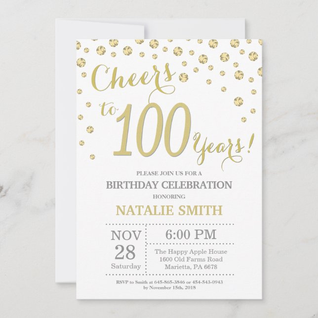 100:e födelsedag Guld Glitter Diamond-inbjudan Inbjudningar (Framsida)