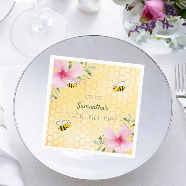 100:e födelsedag humla honeycomb gult blommigt pappersservett (Skapare uppladdad)