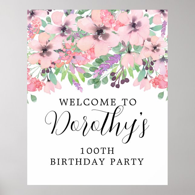 100:e födelsedag Lila Rosa Wildbloms välkomstskylt Poster (Framsidan)