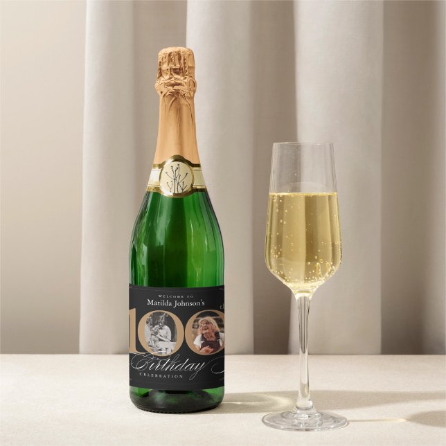 100:e födelsedag med svart Anpassningsbar i Guld (100th Birthday Gold Black Calligraphy Custom Photo Sparkling Wine Label)