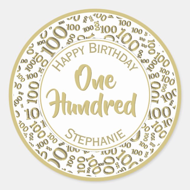 100:e födelsedag Mönster Guld/vit 100 Runt Klistermärke (Framsida)