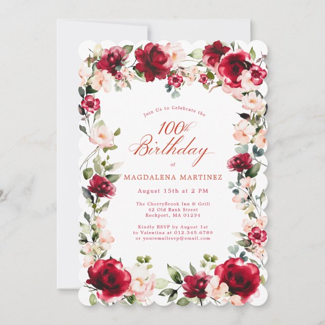 100:e födelsedag Röd ros Rosa Peony Blommigt Inbjudningar (Framsida)