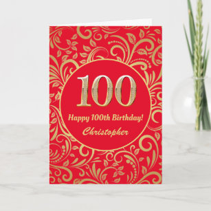 100:e födelsedag Röda och Guld Blommönstret Kort