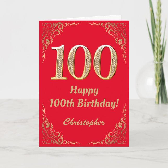 100:e födelsedag Röda och Guld Glitter Ram Kort (Framsida)