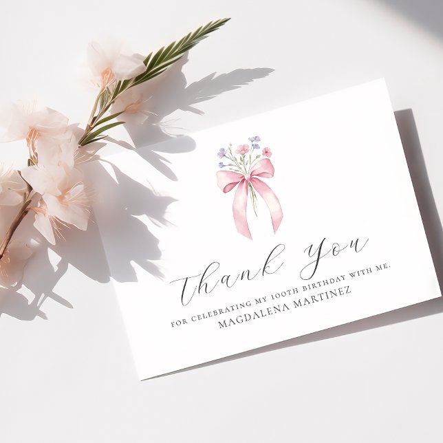 100:e födelsedag Rosa Bow Wildblomma Anpassningsba Tack Kort (Skapare uppladdad)