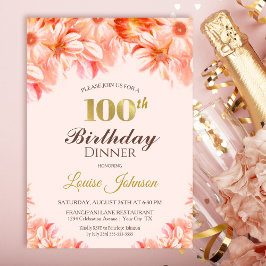 100:e födelsedag  Rosa Guld Blommigt Middag i Part Inbjudningar