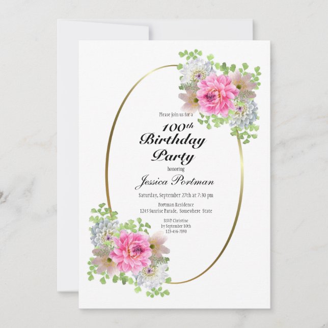 100:e födelsedag Rosa Guld-partiinbjudan Inbjudningar (Framsida)