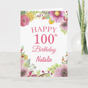 100:e födelsedag: Rosa-kort för vattenfärgade Blom Kort