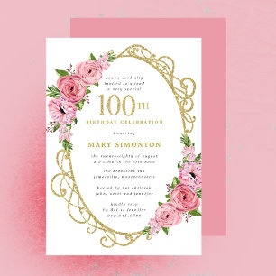 100:e födelsedag Rosa ros Blommigt Guld Inbjudningar