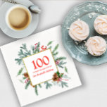 100:e födelsedag Rustic Winter Grey Pappersservett<br><div class="desc">Röda bär och gräs är inkapslade i en rustik vinter-grön andedräkt. Det är ramar 100,  firmans namn och en århundrade födelsedag. All text kan redigeras.</div>