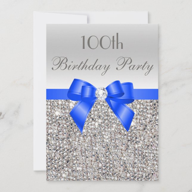 100:e födelsedag Silver Sequin Royal Bow Diamond Inbjudningar (Framsida)