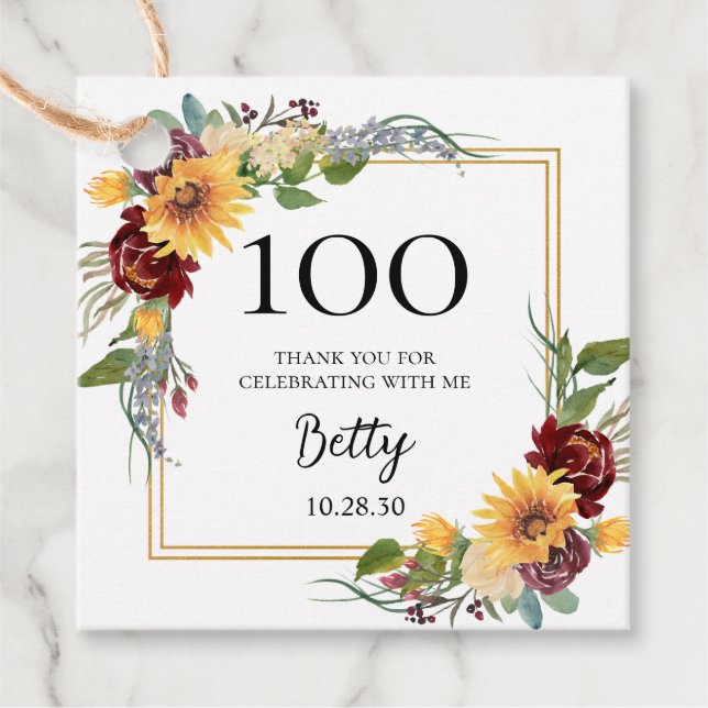 100:e födelsedag: Solblommor Tack Gåvor Etiketter (Framsida)