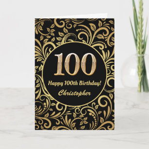 100:e födelsedag Svarta och Guld-Blommönstret Kort