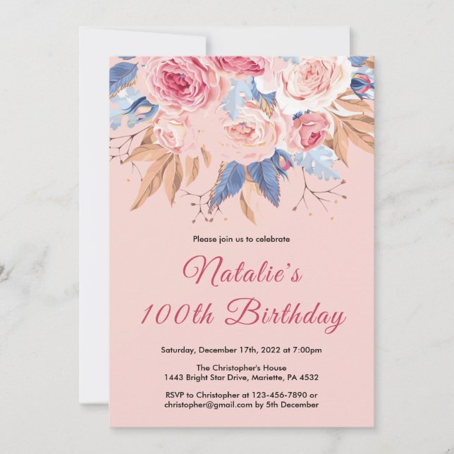 100:e födelsedag Vattenfärg Botanisk Rosa Blommigt Inbjudningar (Framsida)