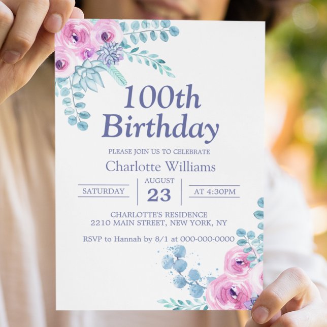 100:e födelsedag Vattenfärgad Blommigt Lila 100 år Inbjudningar (100th Birthday Watercolor Floral Purple 100 Years Invitation
)