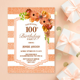 100:e födelsedagen Apricot Stripe Blommigt Party Inbjudningar