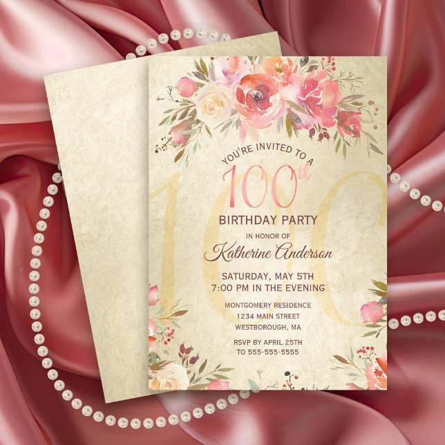 100:e födelsedagen Blommigt Ro Guld Shimmer Party Inbjudningar (Elegant 100th Birthday Party Invitation with Pink Roses on a gold shimmer background.)