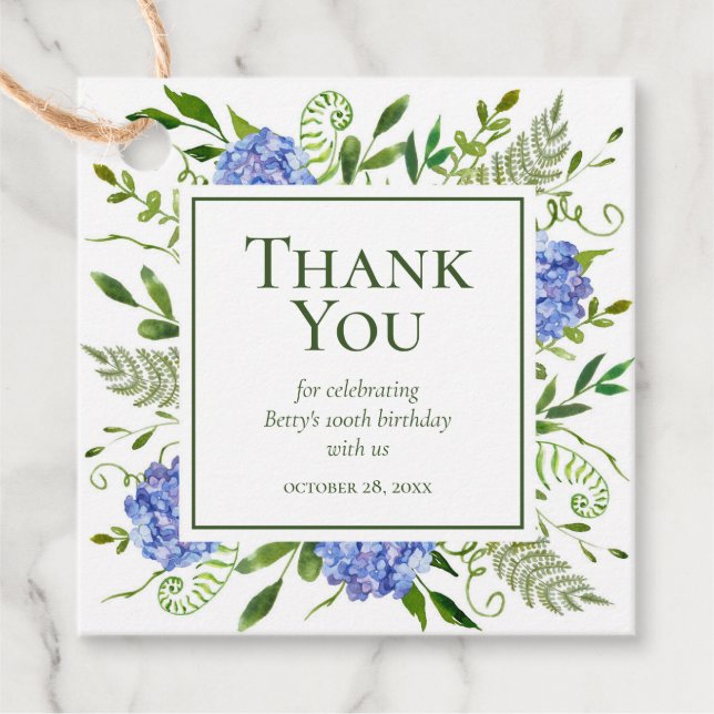100:e födelsedagen Blue Hydrangeas Tack Gåvor Etiketter (Framsida)